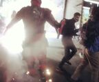 Red Ranger blocking flashbangs from hitting press personnel during the George Floyd Protests in Seattle, June 2nd 2020